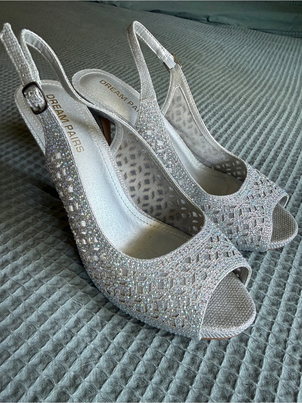 Dream Pairs Silver Crystal Peep-Toe Slingback Heels